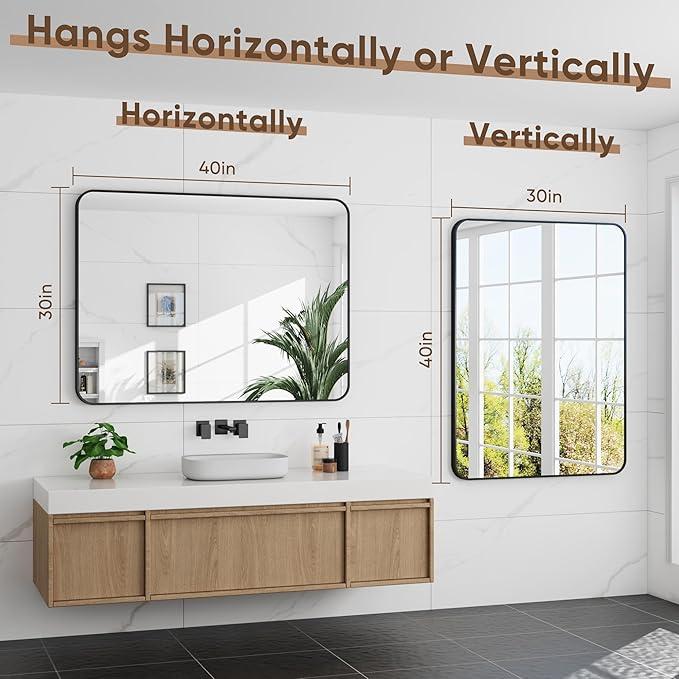 Bathroom Mirrors for Over Sink 40" x 30", Black Metal Frame Rounded Corner Rectangle Wall Mirror, Modern Farmhouse Vanity Mirror(Horizontal/Vertical)