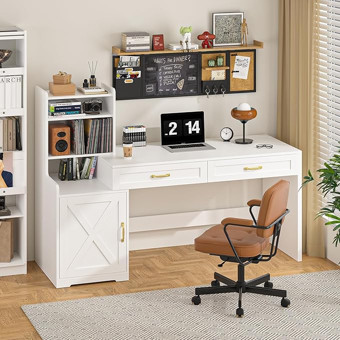 60" Computer Desk with Drawers & Bookshelves, Home Office Desk with Storage Cabinet & Spacious Desktop, Writing Gaming Study Table with Bookcase, White