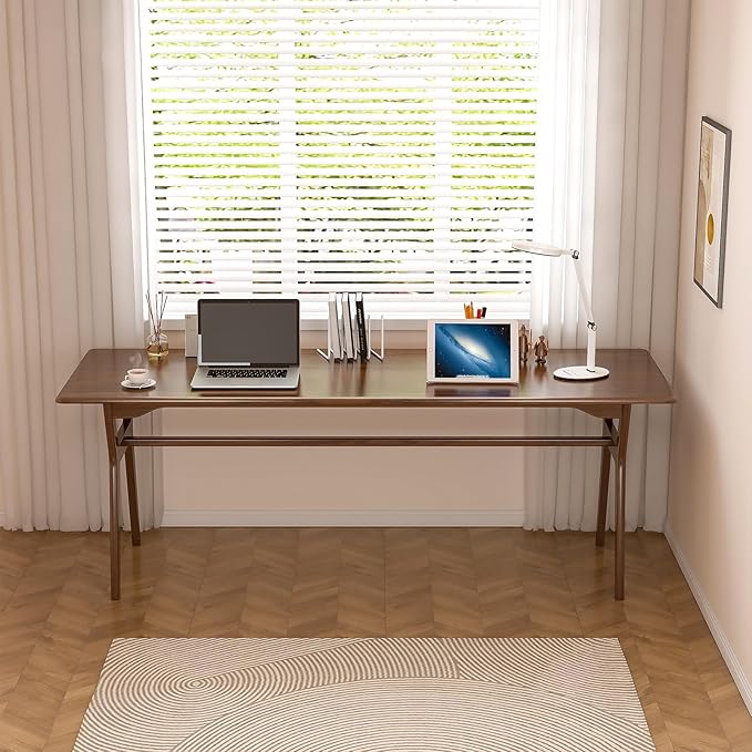 Solid Wood Study Desk - 71" Double Long Computer Table for Home Office, 2-Person PC Workstation, Walnut