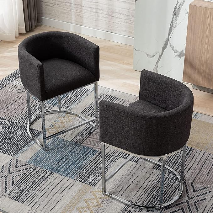 Contemporary Charcoal Linen Bar Stool, 24" Upholstered Fabric Counter Height Barstool Kitchen Counter Island Stool with Screwed Together Chrome Finish Base