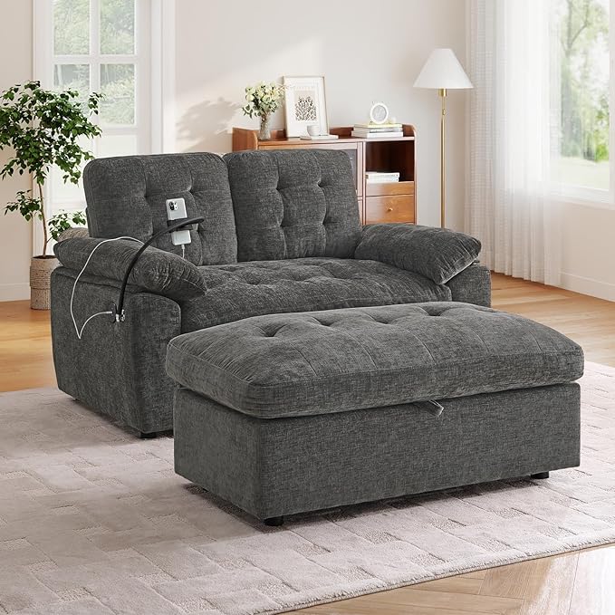 Oversized Chaise Lounge Chair Indoor with Ottoman&Adjustable Backrest,Chenille Tufted Recliner Comfy Loveseat Sofa Chair with USB&Phone Holder,Convertible Sleeper Couch Bed for Living Room(56"W,Grey)