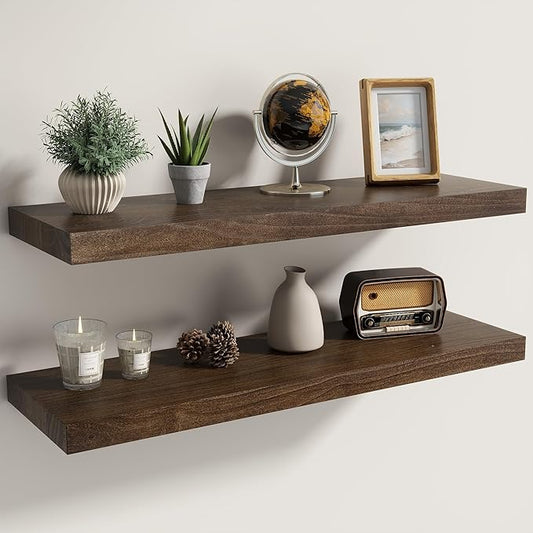 Fun Memories Solid Elm Wood Floating Shelves Set of 2-30 Inch Rustic Wall Shelves with Heavy-Duty Invisible Brackets - for Living Room, Kitchen, Bedroom, Bathroom - Walnut Finish