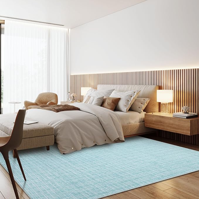 Washable Rug 9x12 Area Rug for Living Room Modern Bedroom Rug Grid Green Plaid Large Area Rug Non Slip Throw Rugs Soft Low Pile Stain Resistant Carpet for Dining Room 9'x12' Mint Green