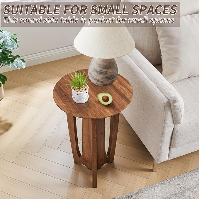 Side Table Set of 2,Mid Century Modern Narrow Round End Table with Curved Legs, Small Side Tables for Living Room, Bedroom (Walnut)