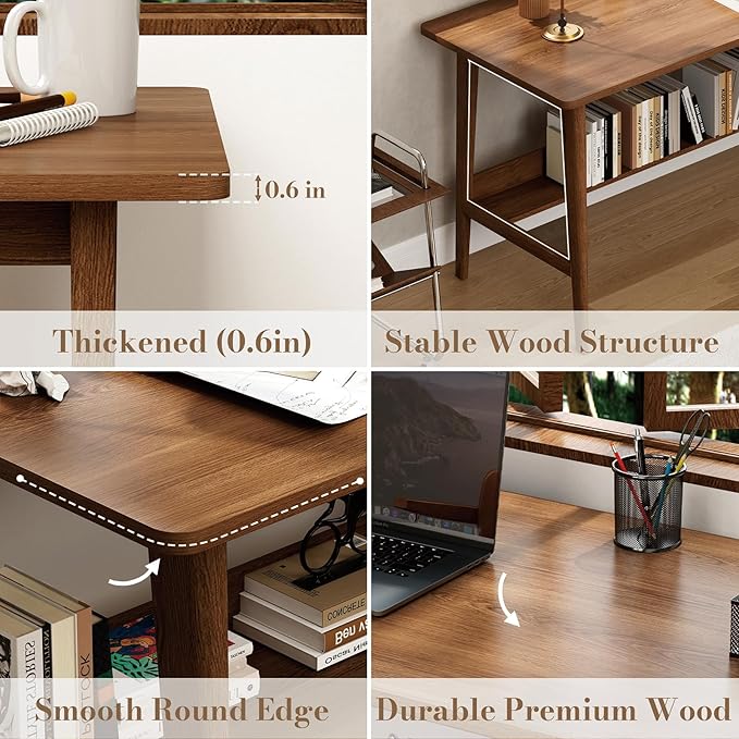 63" Solid Wood Office Desk, Mid-Century Modern Computer Desk with Storage Shelf, Large 2-Person Writing Study Table Workstation for Home Office, Walnut Finish
