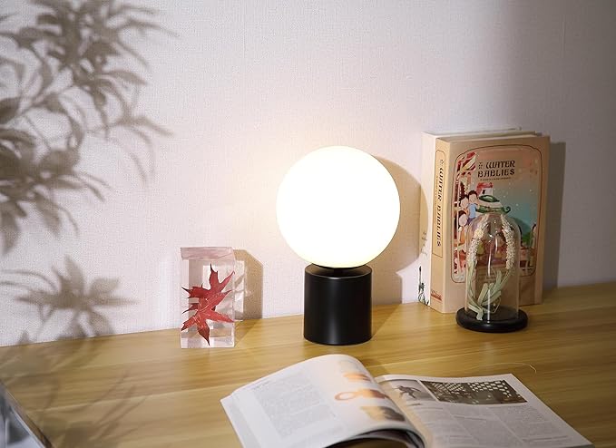 11 Inch Modern Mid Century Black Globe Table Lamp,Round Bedside Nightstand Lamp with White Glass Shade Metal Base Desk Lamp for Bedroom Living Room End Table,Bulb Included