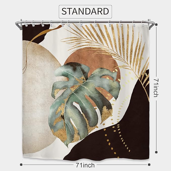 Yookeb Abstract Mid Century Bathroom Shower Curtain 71W by 71H Inch Modern Plant Monstera Neutral Minimalist Brown Leaves Aesthetic Polyester Fabric 12 Plastic Hooks Waterproof Decor