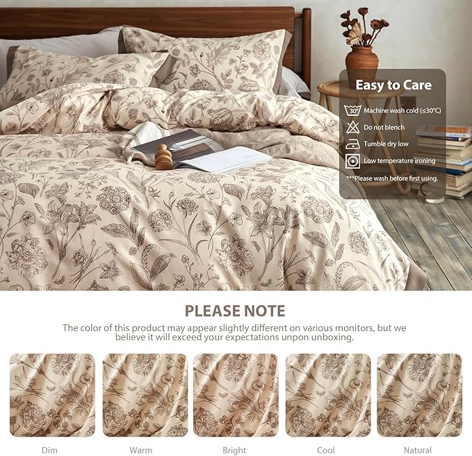 Brown Floral 100% Cotton Duvet Cover Queen Size, 3 Pieces Soft Breathable Duvet Cover Set - 1 Botanical Patterned Duvet Cover 90x90 Inches with Zipper Closure, 2 Pillowcases