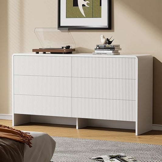 55" Wide Modern Dresser for Bedroom, 6 Drawer Chest of Drawers with Curved Design, Push-to-Open Storage Dresser, White