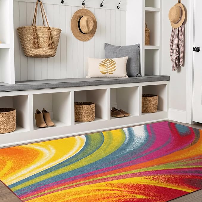 Rugshop Multi Waves Non Slip Contemporary Abstract Large Rug Fade Resistant for Living Room, Office and Dining Room, 6'6" x 9'
