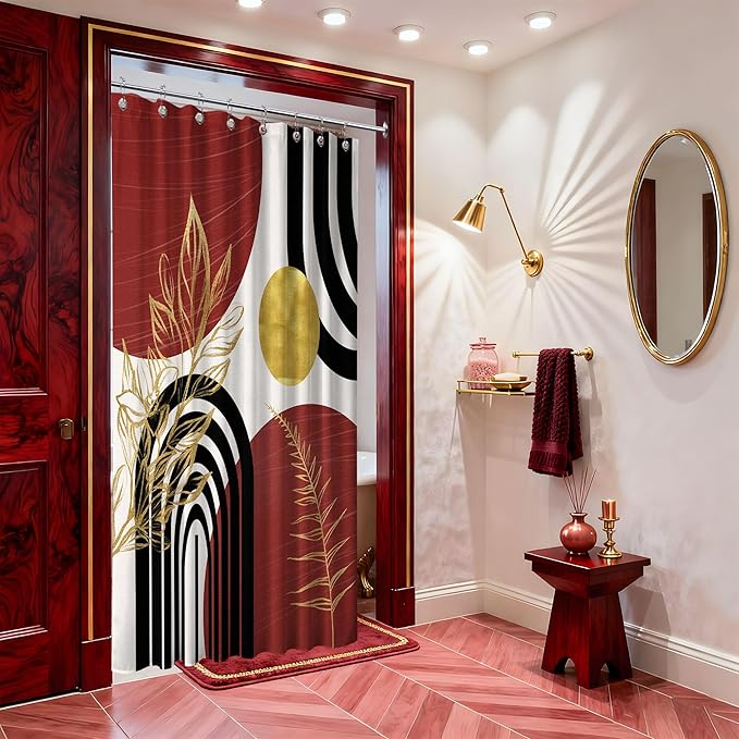 Black and Red Shower Curtain Boho Mid Century Burgundy Dark Red and Gold and White Shower Curtains for Bathroom Decor, Waterproof Cloth Fabric with Hooks, 48" W x 72" L