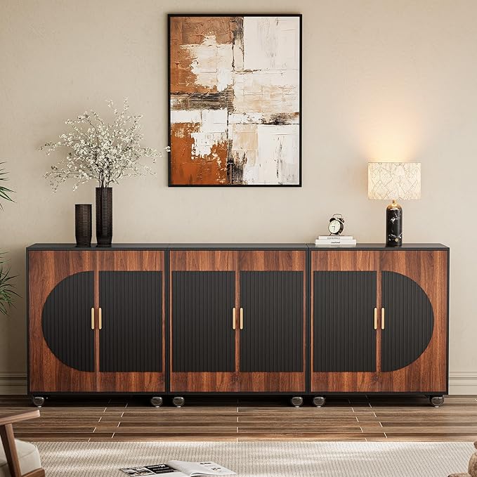 87" Fluted Modular Buffet Cabinet with Storage, Modern Sideboard Credenza w/Adjustable Shelves, Large Coffee Bar Media TV Console Table for Living Room/Dining Room/Kitchen/Entryway, Walnut