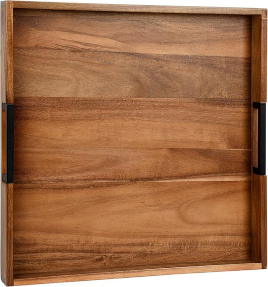 Large Ottoman Tray for Living Room and Coffee Table, Decorative Acacia Wood Serving Tray with Metal Handles for Breakfast in Bed, Dinner Food Kitchen TV (Natural, 17" x 17" x 2")