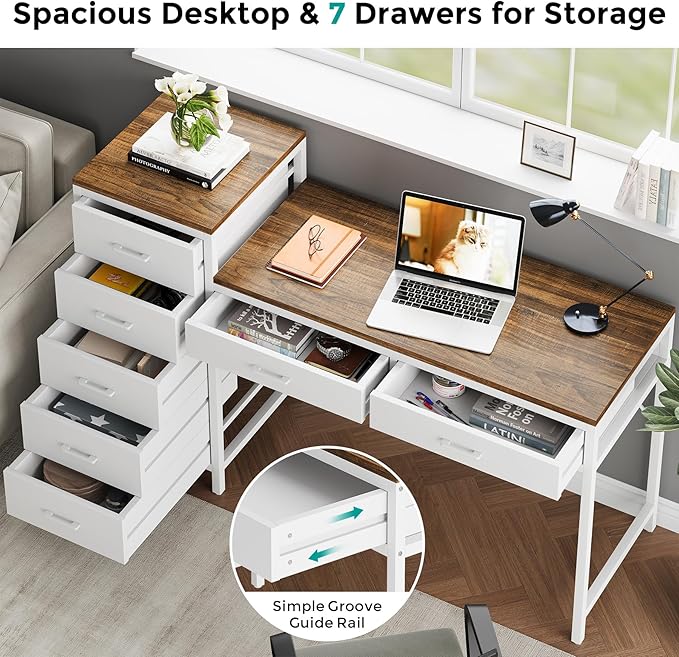 Computer Desk with Reversible Drawer, 55 inch Home Office Desks with 7 Drawers, Modern Compact Study Writing Table Workstation with Storage for Small Spaces, Light Brown and White