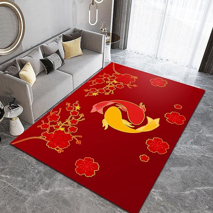 Chinese Style Koi Area Rug, Red Background Plum Blossom Non Slip Accent Rug, Machine Washable Durable Carpet for Indoor Bedroom Living Room Office Decor Rug - 4 ft x 5 ft