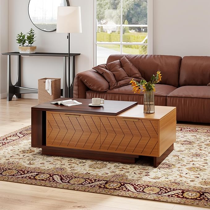 42"- 65" Extendable Coffee Table with Storage, Reversible Wood Coffee Table with 2 Drawers, Two-Tone Large Adjustable Coffee Tables for Living Room, Office (Dark Walnut)