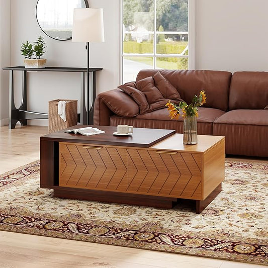 42"- 65" Extendable Coffee Table with Storage, Reversible Wood Coffee Table with 2 Drawers, Two-Tone Large Adjustable Coffee Tables for Living Room, Office (Dark Walnut)