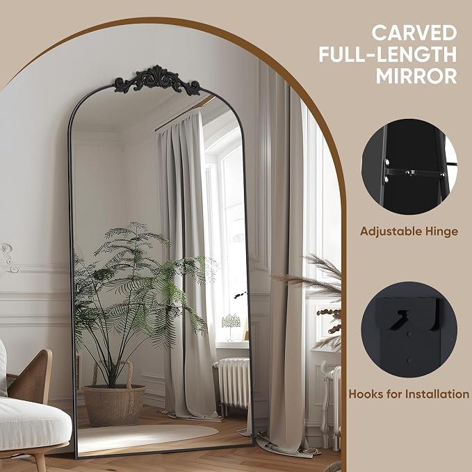 Antok Arched Full Length Mirror, 71"x28" Floor Mirror with Carved, Full Body Mirrors for HomeDecor, Standing/Halling Large Wall Mirror for Bedroom, Living Room, Cloakroom, Black, Retro Style