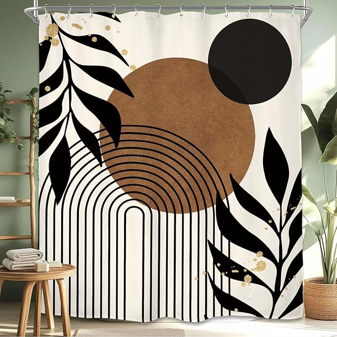 Miyotaa Abstract Minimalist Brown Black Shower Curtain Set 60Wx71H Inches Modern Aesthetic Contemporary Plant Leaves Neutral Geometric Mid Century Waterproof Bathroom Curtain with 12 Hooks