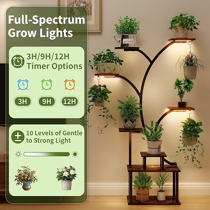 VECELO Plant Stand with Grow Light, 8-Tier Plant Shelf for Multiple Pots , 62" Corner Plant Stand Indoor for Living Room Patio Home Decor