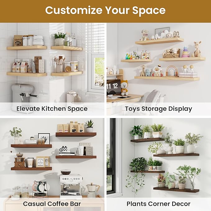 RICHFOCUS Rustic Wooden Floating Shelves for Wall - 30 Inch Wood Shelves Set of 2-7.9 Inch Deep Solid Paulownia Wood Wall Mounted Shelves with Upgraded Metal Brackets for Room Decor, Walnut