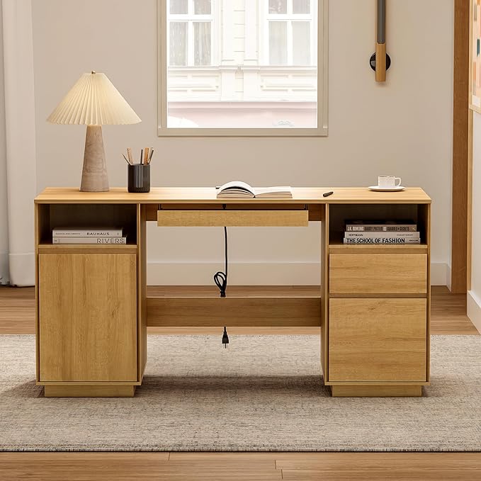 EYYTHUNG 59" Executive Desk, Farmhouse Large Home Office Desk with File Drawer & Outlet & Storage Cabinet, Wood Computer Desks with Keyboard Tray, Workspace for Study Writing, Natural Oak