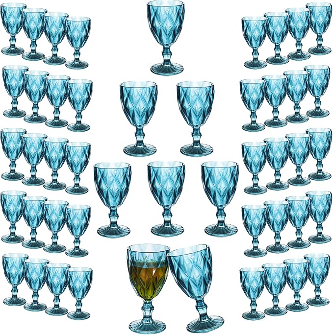 48 Pack Vintage Wine Glasses, Plastic Reusable 12 Ounce Colored Water Goblets, Unique Embossed Pattern Unbreakable Stemmed Wine Glasses High Clear Wedding Party Bar Drinking Cups Blue