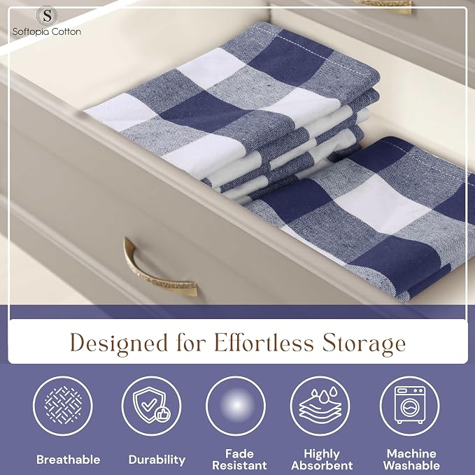 Navy Blue Buffalo Check Kitchen Towels, 4 Pack, 100% Cotton, 16x26 Inches, Soft, Absorbent, Quick Dry, Dish Cloths, Bar & Restaurant Cleaning Towels with Hanging Loop, Navy White
