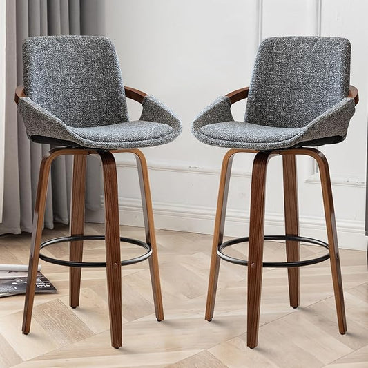 LUNLING 25.6" Counter Height Barstools Set of 2 Mid Century Modern Retro Bar Chairs Charcoal Grey Linen Look Fabric Upholstered and Walnut Wood Frame for Home Bar Furniture(Grey)