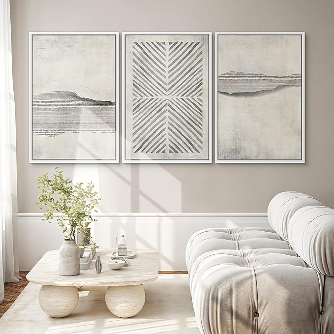 SIGNWIN Framed Canvas Print Wall Art Set Grunge Geometric Line Landscape Abstract Shapes Cozy Neutral Modern Art Decorative Boho Relax/Zen Nordic for Living Room, Bedroom, Office - 16"x24"x3 White