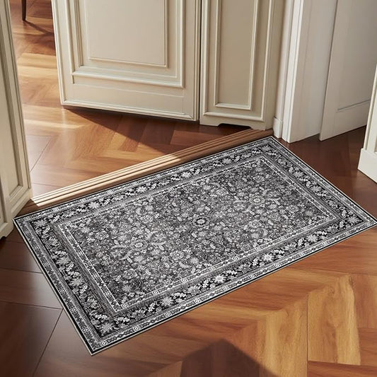 OPPODREAM Vintage Black 2x3 Washable Rug, 2 x 3 Retro Door Mat Indoor Entrance Non Slip, Low-Pile Faux Wool Throw Carpet, Distressed Floor Mat for Kitchen, Hallway, Entry-Way, Back Door