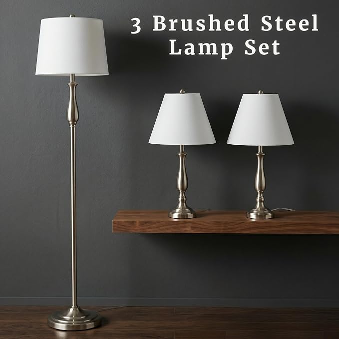 3-Piece Home Lighting Set - Coordinating Bundle with 2 Table Lamps and 1 Floor Lamp for Home and Office Decor by Lavish Home (Silver)