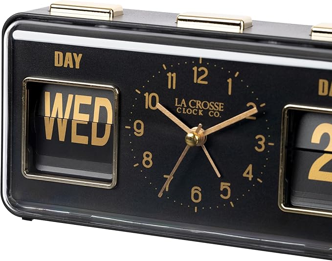 La Crosse Clock 636-379B Daily Flip Black Tabletop Alarm Clock with Calendar
