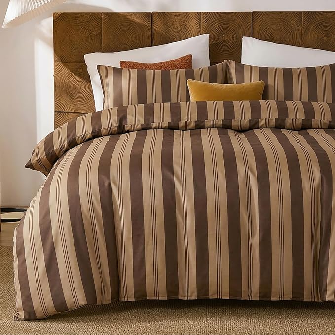 Merryword Brown and Khaki Striped Duvet Cover Set Queen Size, 100% Cotton Bedding Set with Zipper Closure & 8 Corner Ties, Awning Stripe Bedding, Soft Breathable Comforter Cover for All Seasons