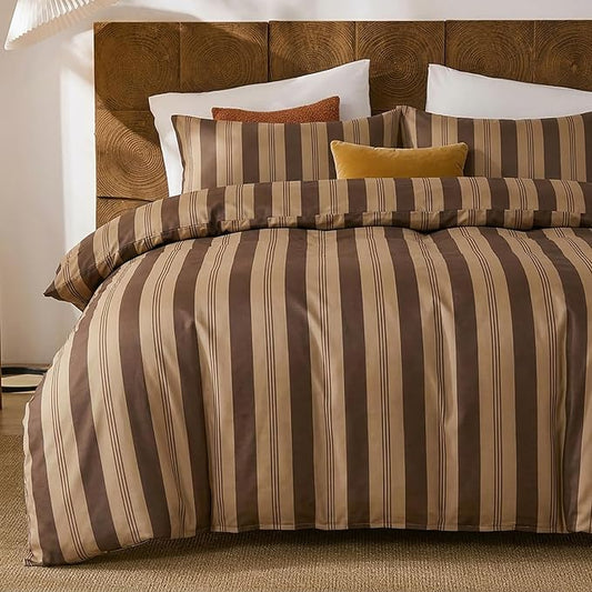 Merryword Brown and Khaki Striped Duvet Cover Set Queen Size, 100% Cotton Bedding Set with Zipper Closure & 8 Corner Ties, Awning Stripe Bedding, Soft Breathable Comforter Cover for All Seasons