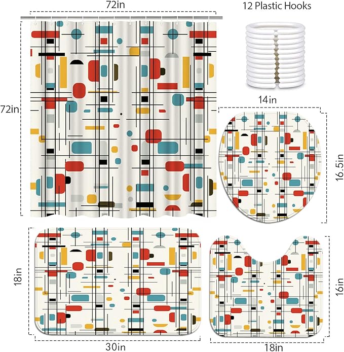 4 Pcs Retro Geometric Block Bathroom Set: Shower Curtain, Bath Mat, Toilet Lid Cover & Rug - Colorful Grid Pattern with Hooks for Mid-Century Modern Decor