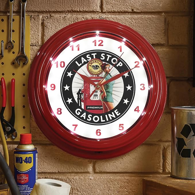 American Art Decor Last Stop Gasoline Pinup Girl LED Clock - 12" Wall Mounted American Gasoline Wall Decor - Wall Clock for Living Room, Dorm, Mancave, Garage, Office, Game Room (Red/White/Black)