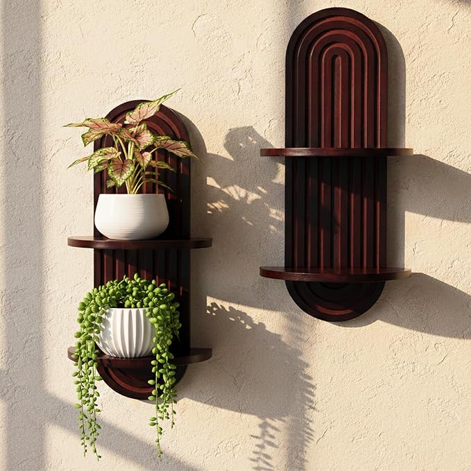 Plant Wall Shelves with Arched Wooden Design, Mid Century Modern Decor Floating Shelf Set of 2 - Boho Wall Decor for Indoor Plants Living Room Bathroom Office, 23.6 x 11.8 Inches