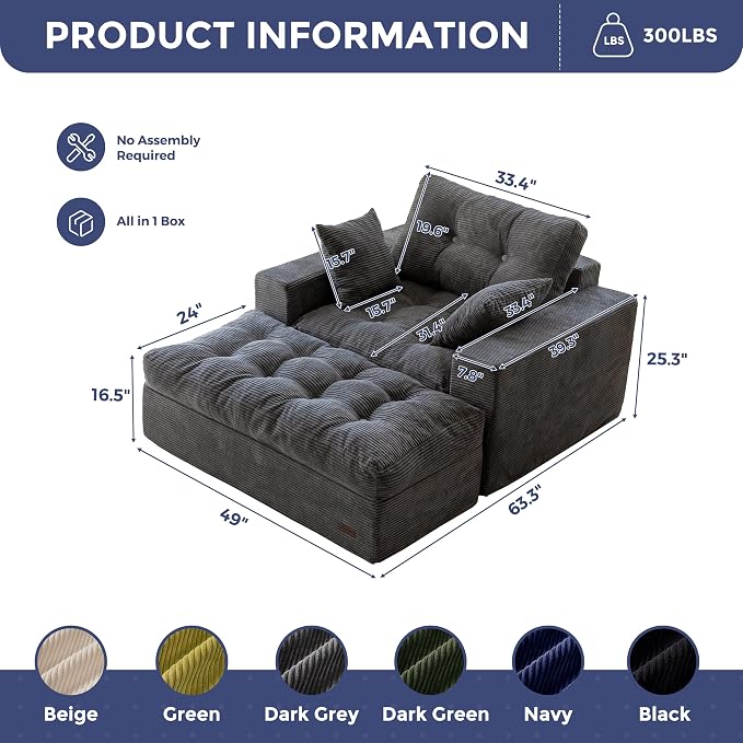 MAXYOYO Oversized Chaise Lounge Sofa, Upholstered Lounge Chair with 3 Pillows, Tufted Boneless Sofa Couch with Ottoman, Deep Seat Chair for Living Room, No Assembly, Dark Grey