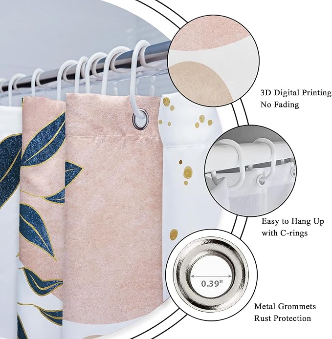 Riyidecor Pink Grey Abstract Boho Modern Mid Century Shower Curtain for Bathroom Decor 72Wx72H Leaves Blue Gold Eucalyptus Plants Blush Art Printed Fabric Polyester Waterproof 12 Pack Plastic Hooks