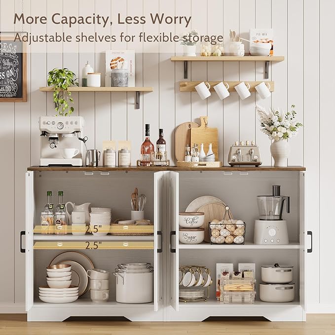 Sideboard Buffet Cabinet, Modern Farmhouse Kitchen Storage Cabinet, 63" Modular Accent Cabinet Coffee Station Bar Media Console Table Credenza for Kitchen Dining Room, Living Room Entryway Hallway