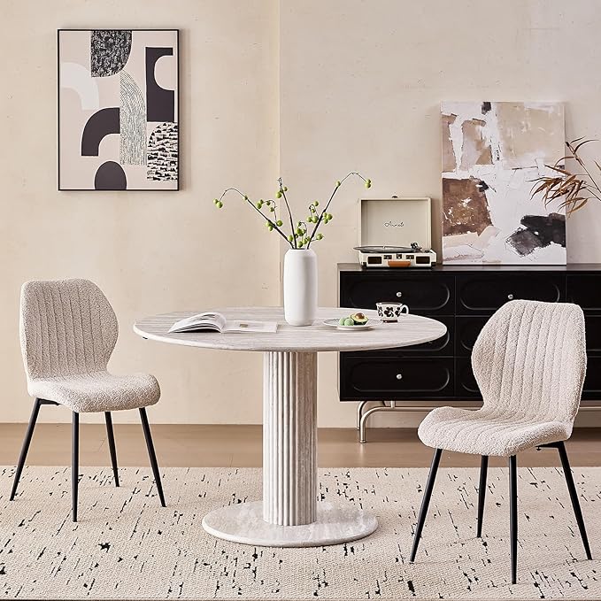 47" Round Dining Table for 4, [Cylinder Pedestal Base] [Stone-Patterned] Modern Circle Dinner Table for Kitchen Dining Living Room, Grey