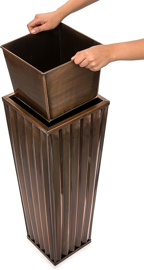 H Potter Patio Deck Flower Ribbed Garden Planter Antique Copper Finish Set of 2 with Trays