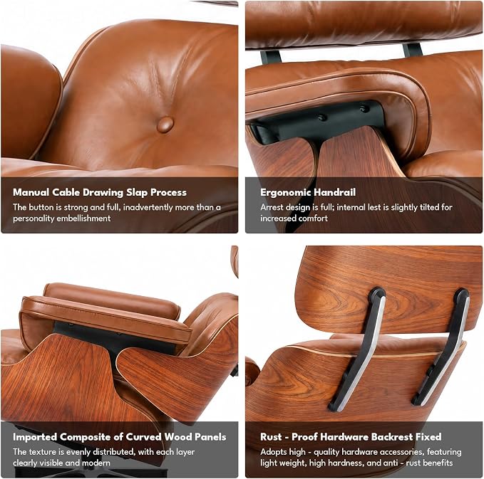 Top Grain Leather, Mid Century Chaise Lounge Chair and Ottoman, Modern Chair Classic Design, Heavy Duty Base Support for Living Room Study Lounge Office, Palisander-Brown, Heightening