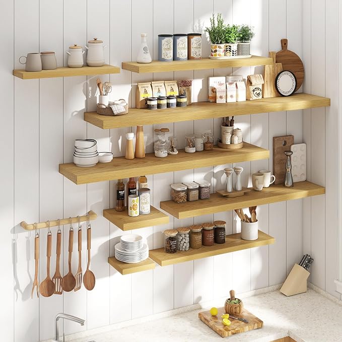 Floating Shelves for Wall with Invisible Brackets, Wall Mounted Engineered Wood Shelves with Wood Grain for Living Room, Bedroom, Bathroom, Kitchen Decor and Storage, Oak, 71"L Set of 2, Oak