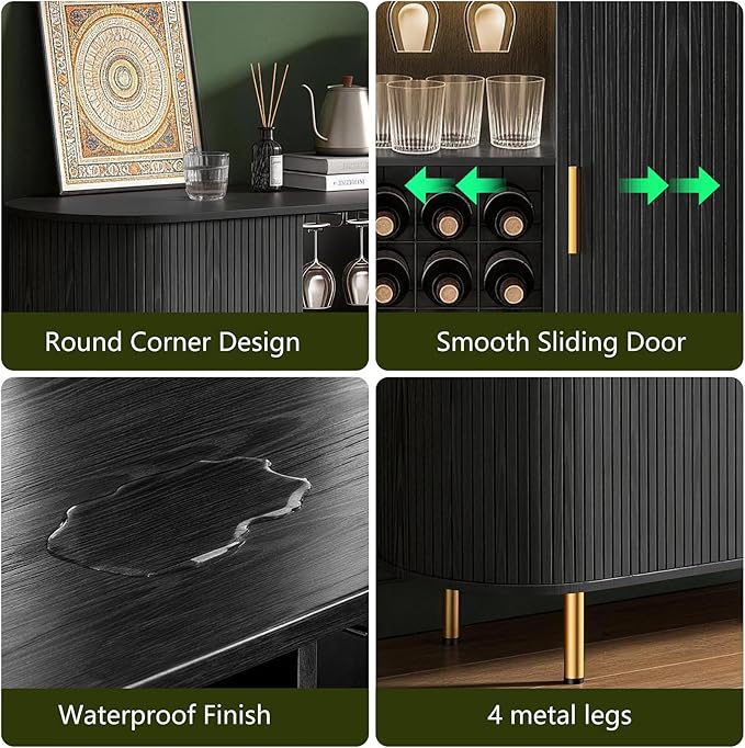 DHH 55" Wine Bar Cabinet with Storage, Fluted Liquor & Coffee Bar Cabinet with Wine Rack and Glass Holder, Buffet Sideboard with LED Lights for Home Kitchen Living Dining Room (Black)