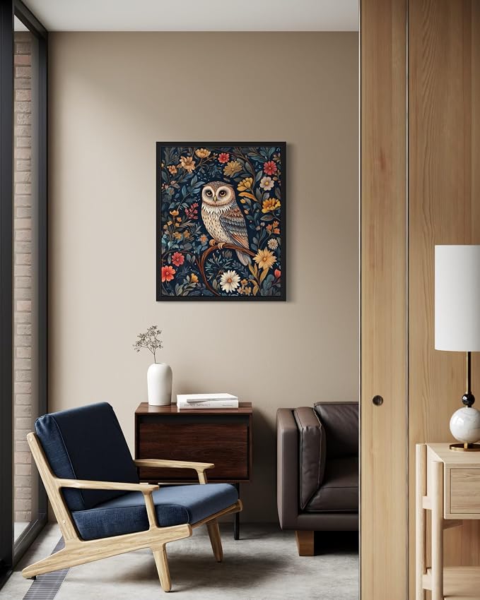 Owl Art Print Poster, William Morris Style Retro Mid Century Botanical Victorian Dark Academia Gothic Decor Gallery 10b (Owl, 11 x 14 inches, Black Frame)