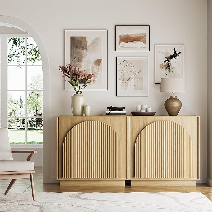 win2win Fluted Sideboard Buffet Cabinet with Storage, 31.5" Modern Boho Accent Cabinet with Double-Layered Arch Doors, Small Wood Console Credenza for Living Room, Dining Room, Entryway, Oak, 2PCS
