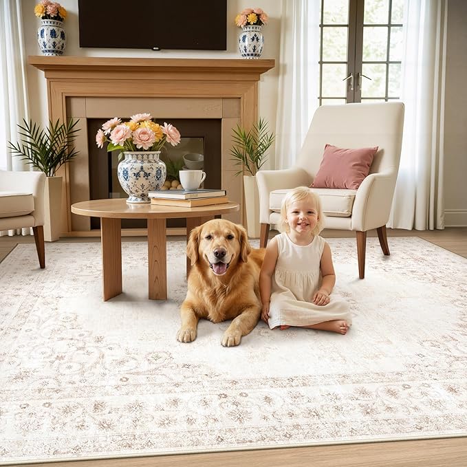 Area Rug 4x6 Vintage Rug: Washable Indoor Medallion Rugs Low Pile Distressed Floor Carpet Retro Accent Rug for Living Room Bedroom Kitchen Dining Table Home Office(Distressed Beige, 4'x6')