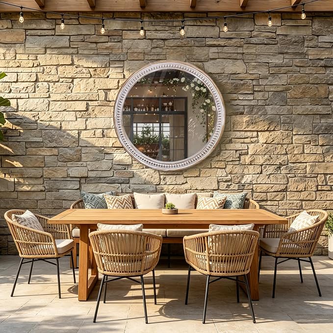 HOITUZYUS 30 Inch Farmhouse Round Wall Mirrors with Rustic Wooden Frame – Large Boho Decorative Circle Mirror for Bathroom, Living Room, Entryway & Foyer